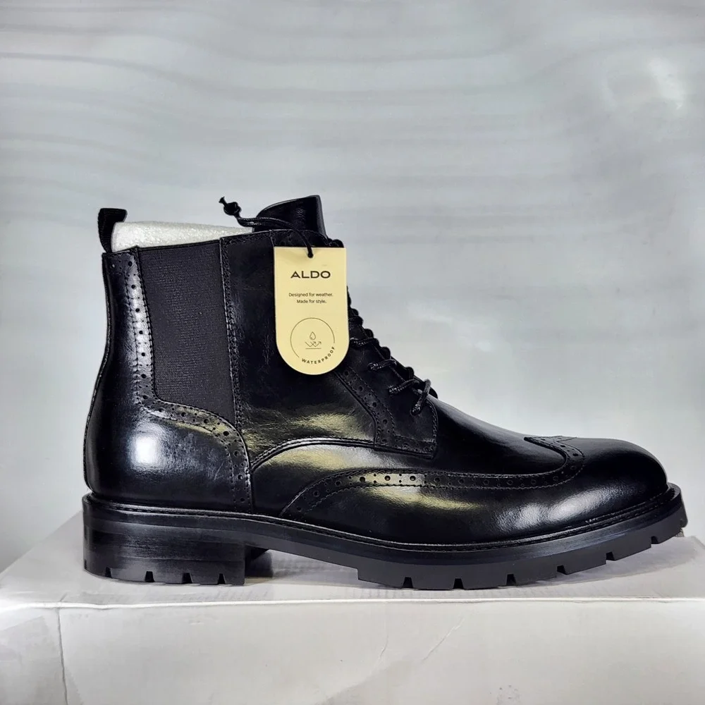 Aldo Toney Boots Mens Size 10.5 Black Waterproof Leather Wingtip Brogue Lug